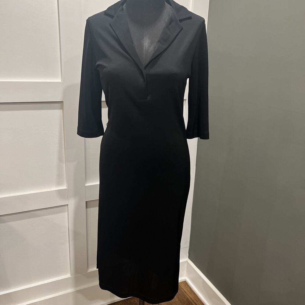 ABS by Allen Schwartz Black Midi Sheath Dress 3/4 Sleeve Collared Medium 3968Y51